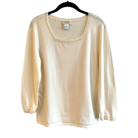 TALBOTS, LONG SLEEVE, CREAM TOP WITH SQUARE NECK & DECORATIVE STITCHING. SIZE L - Picture 1 of 4
